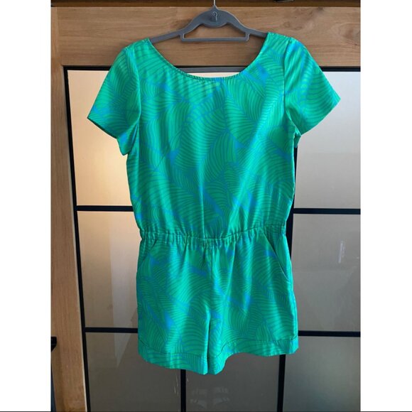LOFT Blue and Green Palm Leaf Short Sleeve Romper - Picture 2 of 4